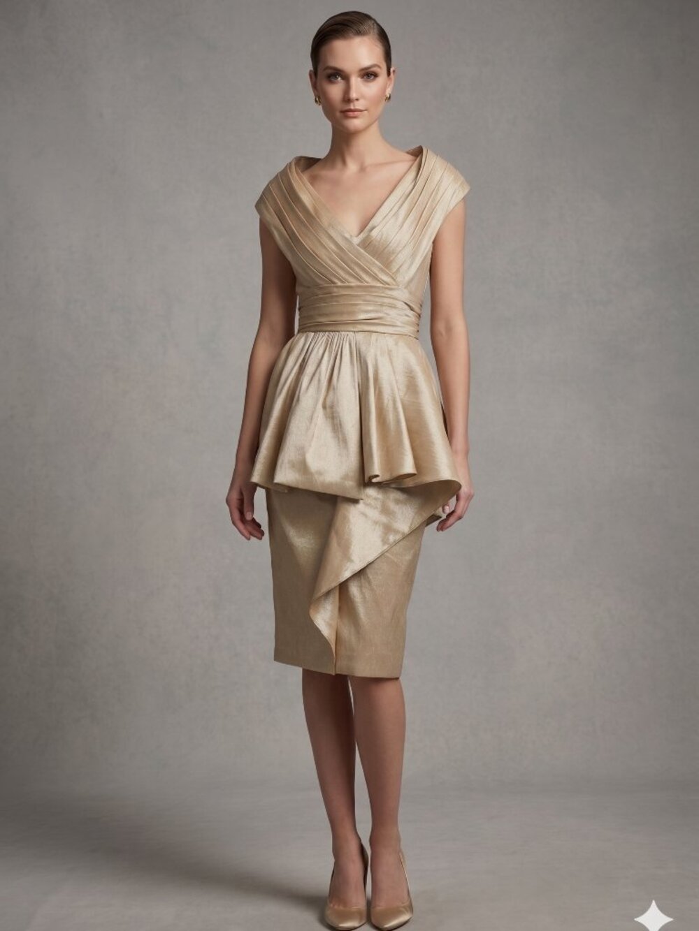 Badgley Mischka Gold Shimmer Pleated Peplum Sheath Dress 10 Cocktail Gala MOB
